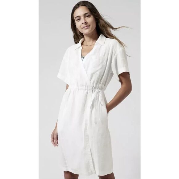 ATHLETA Women’s White Short Sleeve 100% Linen Playa Wrap Dress Size 12 Style #79 - Picture 1 of 6